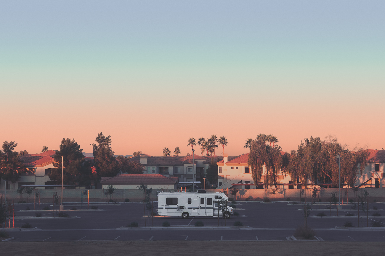 An RV at sunrise in Gilbert, AZ